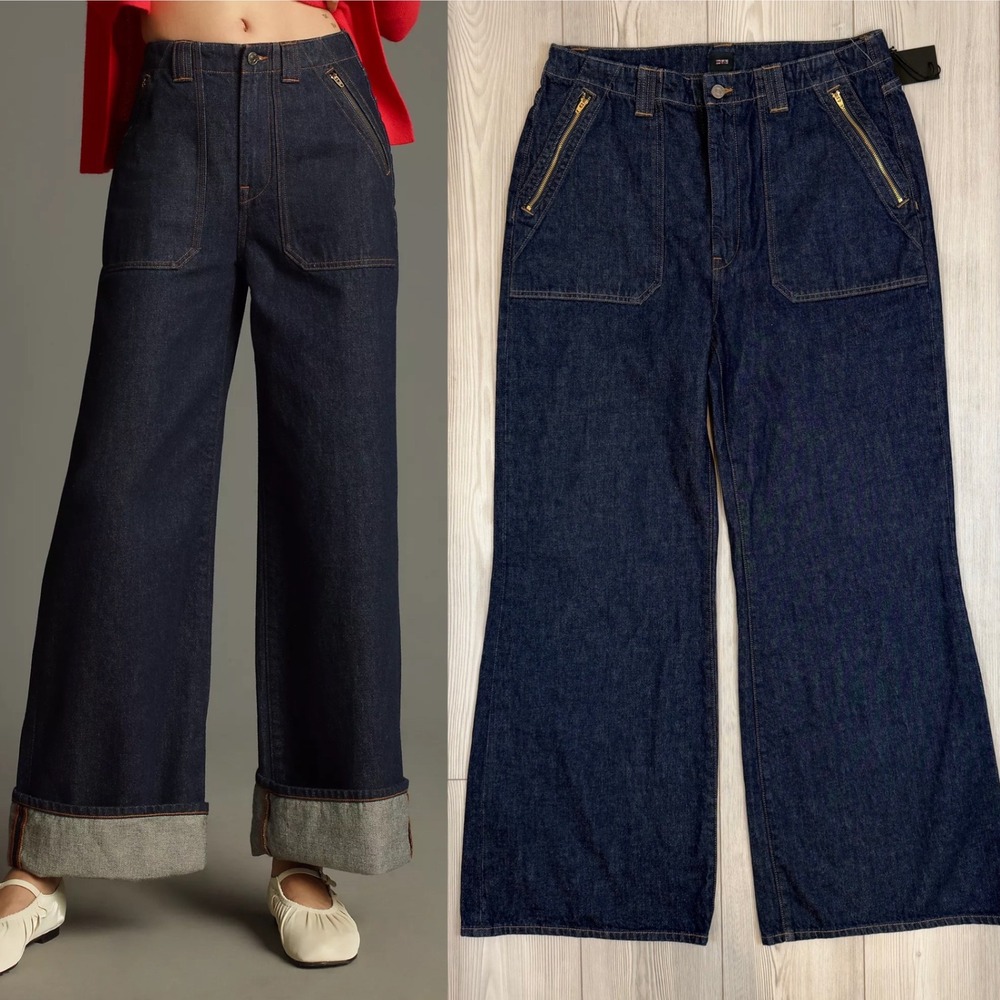 NWT Edwin Rowan Cuffed Wide Leg Jeans Indigo Rinse High Rise Denim Size 34